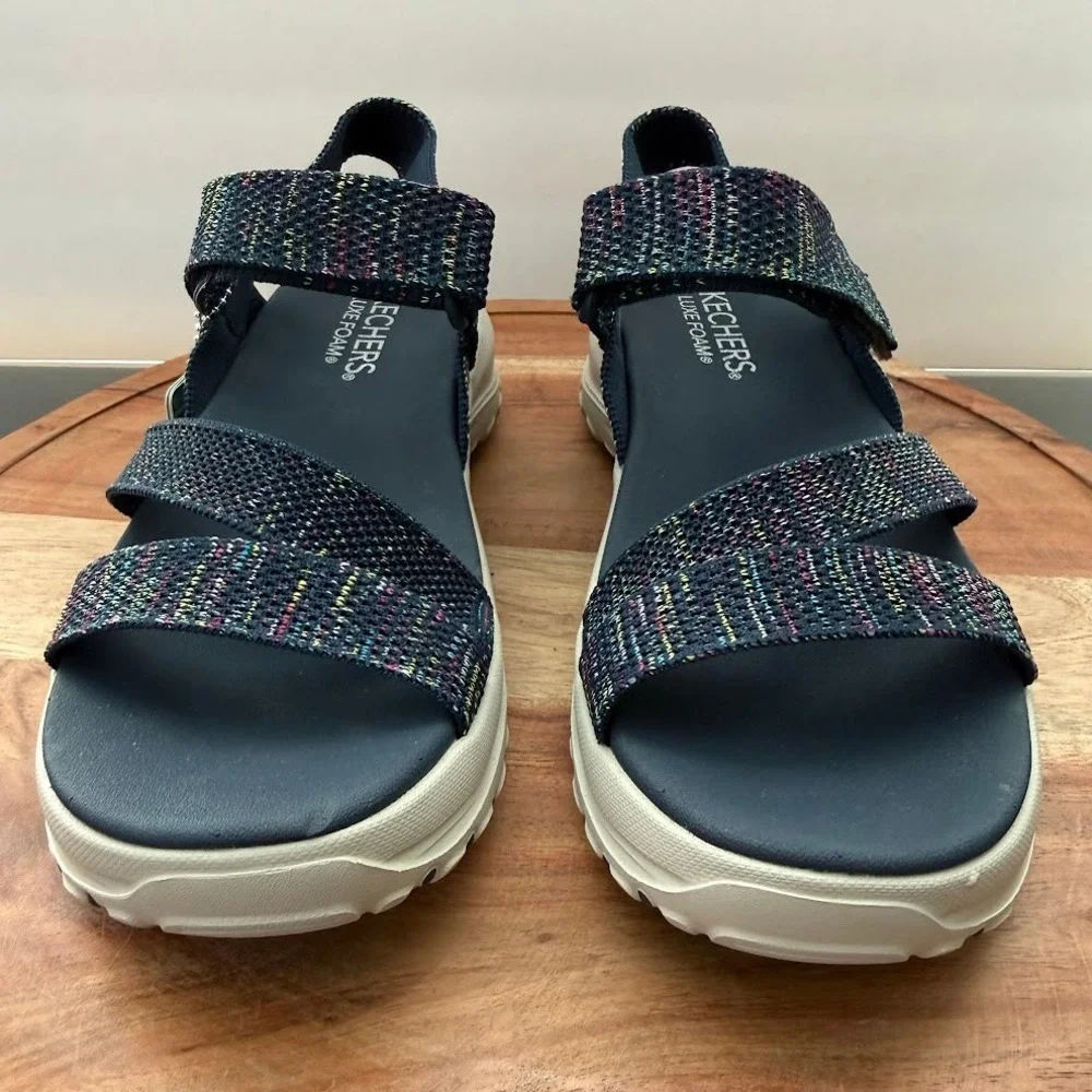 Skechers Trail Womens 9 Navy‎ Multi Space Dye Luxe Foam Sandals Machine Washable - Picture 4 of 11